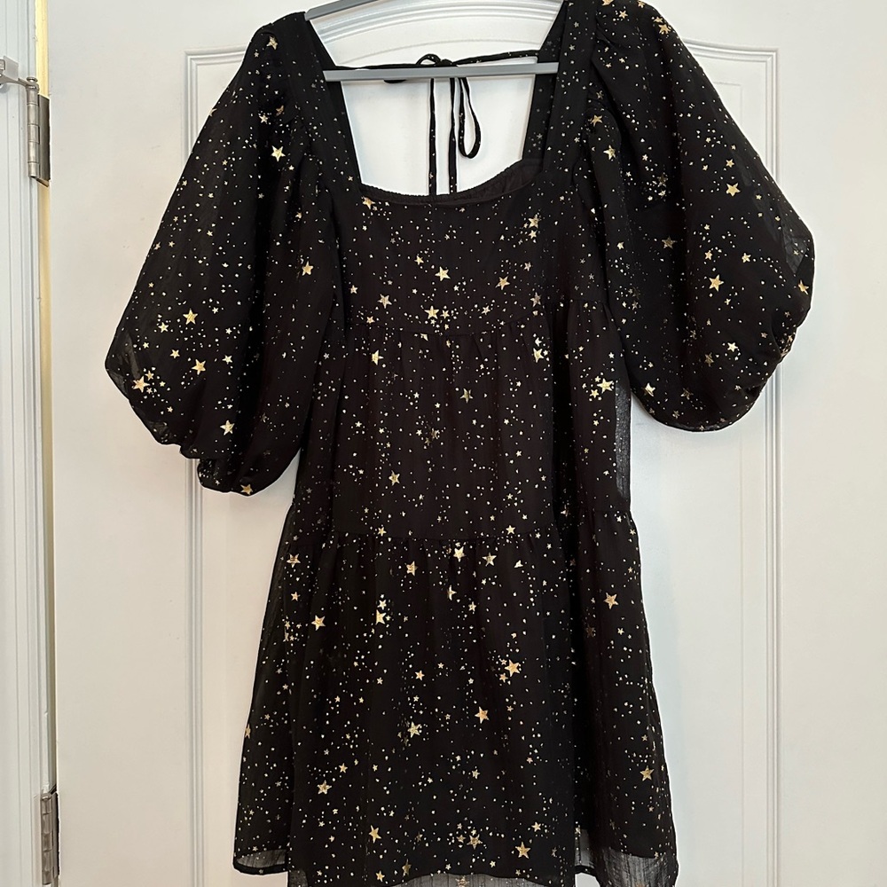 Nasty Gal black mini puff dress with gold stars